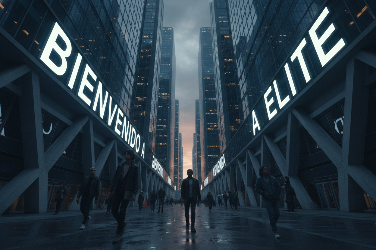 crea una imagen de edificios muy altos a la derecha y izquierda de la imagen , los edificio llevaran una escrita que diga : bienvenido a ELITE 